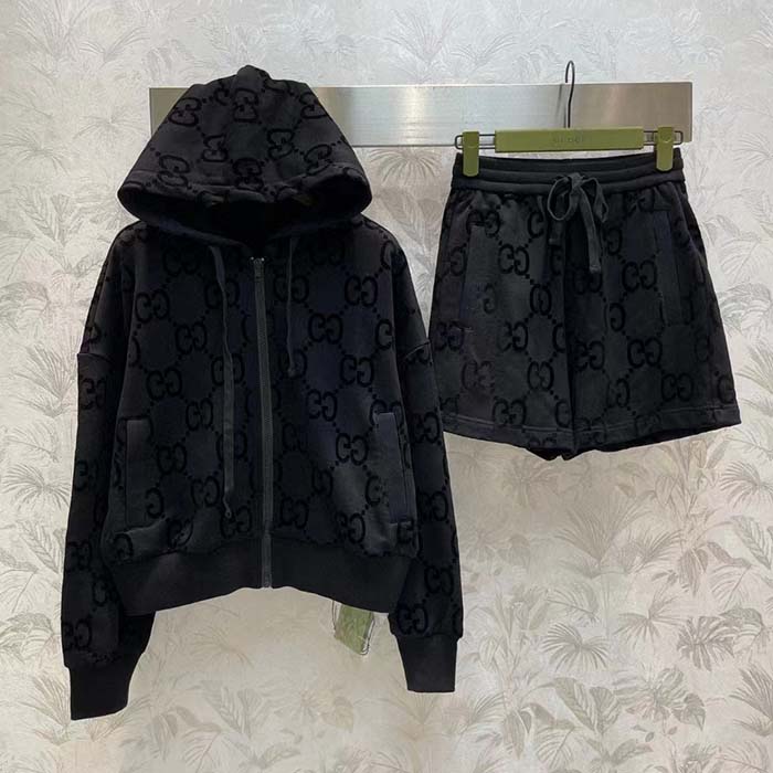 G*u*i men gg brushed cotton hooded sweatshirt black fixed hood dropped shoulder long sleeves