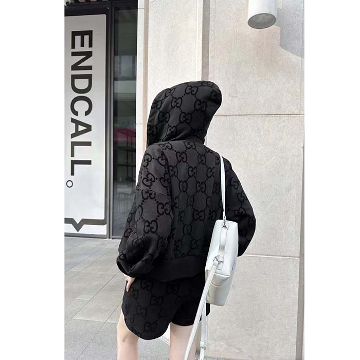 G*u*i women gg brushed cotton hooded sweatshirt black fixed hood dropped shoulder long sleeves