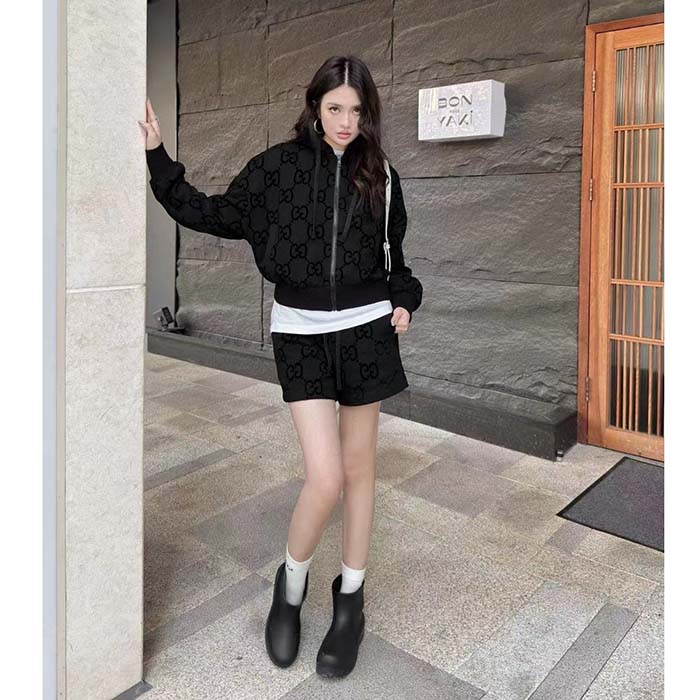 G*u*i women gg brushed cotton hooded sweatshirt black fixed hood dropped shoulder long sleeves