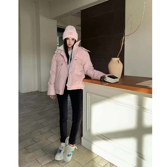 G*u*i women gg cotton canvas puffer jacket light pink gg lined interlocking g two front pockets