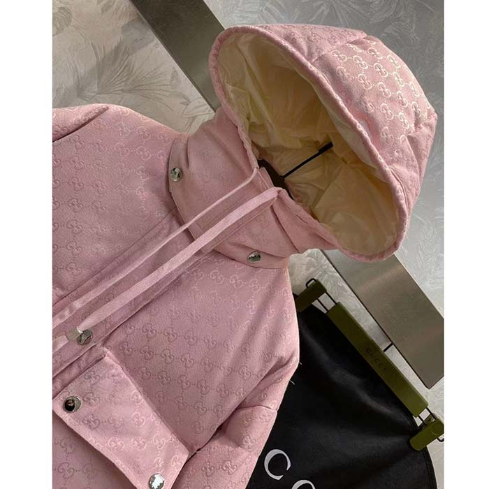 G*u*i women gg cotton canvas puffer jacket light pink gg lined interlocking g two front pockets