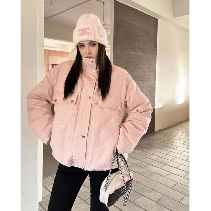G*u*i women gg cotton canvas puffer jacket light pink gg lined interlocking g two front pockets