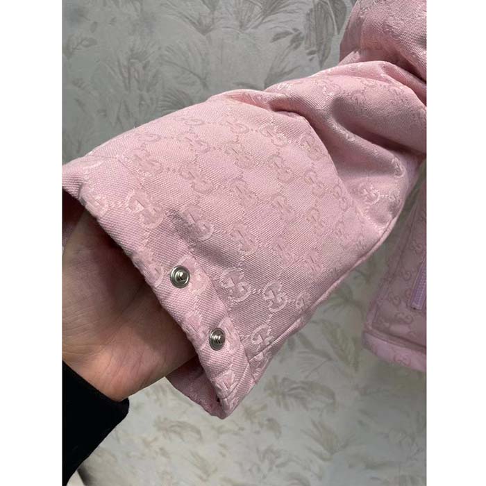 G*u*i women gg cotton canvas puffer jacket light pink gg lined interlocking g two front pockets