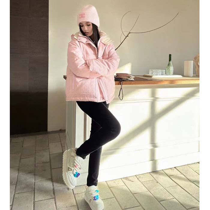 G*u*i women gg cotton canvas puffer jacket light pink gg lined interlocking g two front pockets