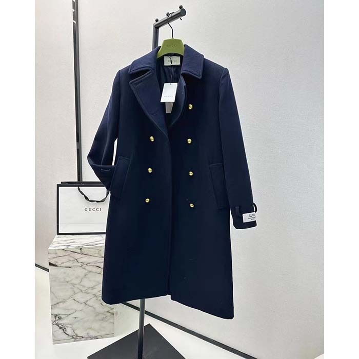 G*u*i women gg felt wool coat dark navy metal buttons G*u*i cities label fully lined