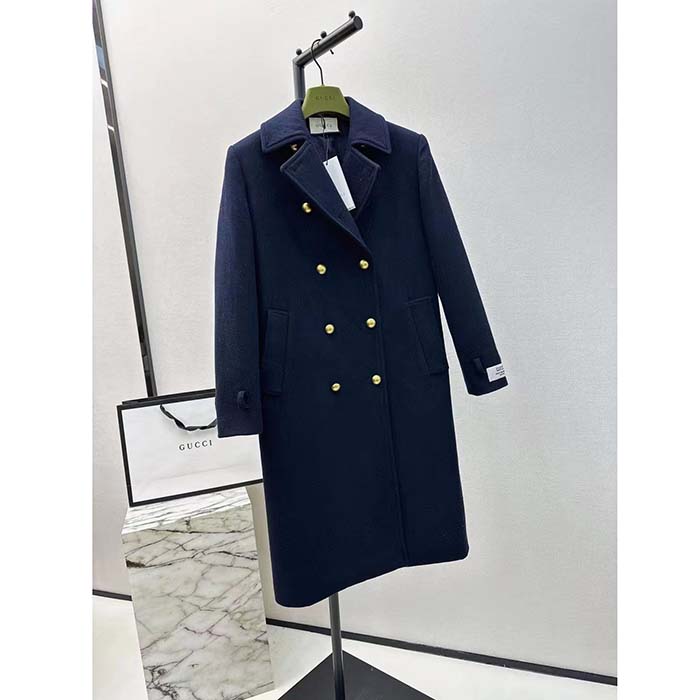 G*u*i women gg felt wool coat dark navy metal buttons G*u*i cities label fully lined