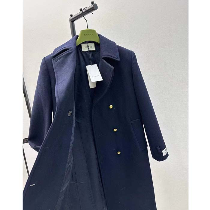 G*u*i women gg felt wool coat dark navy metal buttons G*u*i cities label fully lined