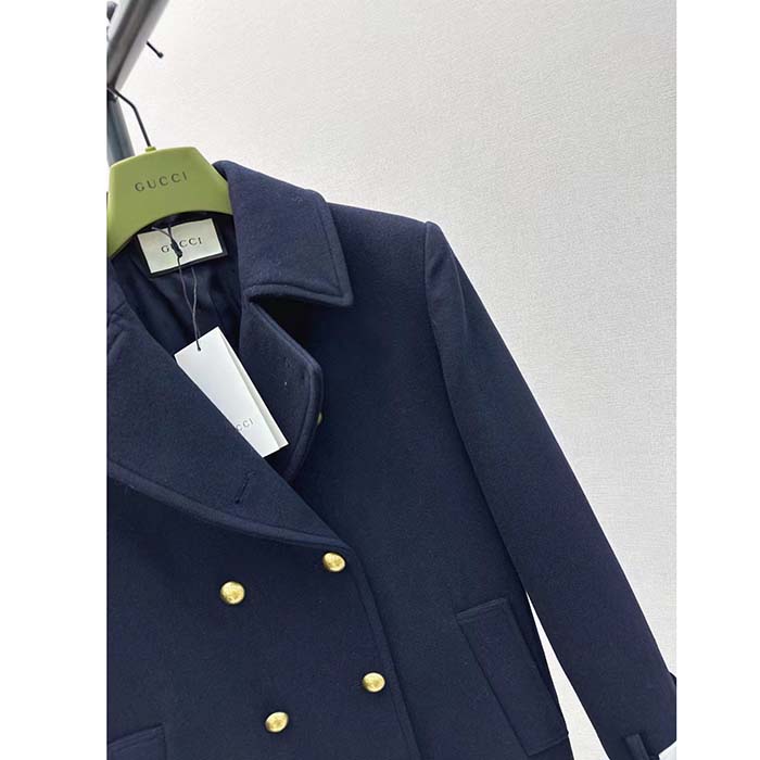 G*u*i women gg felt wool coat dark navy metal buttons G*u*i cities label fully lined