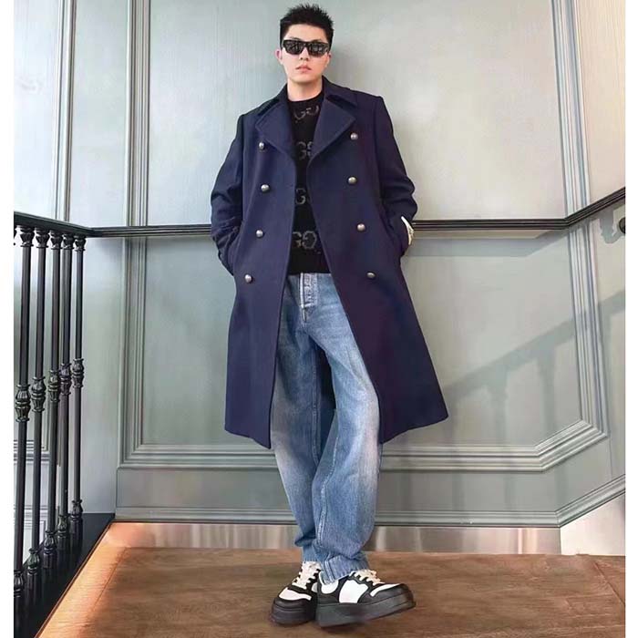 G*u*i men gg felt wool coat dark navy metal buttons G*u*i cities label fully lined