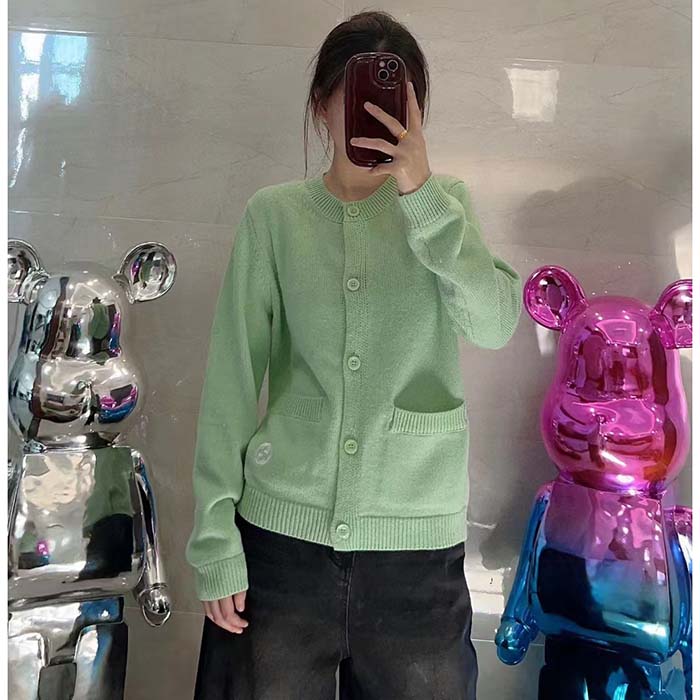G*u*i women gg fine cashmere cardigan interlocking g light green crewneck long sleeves