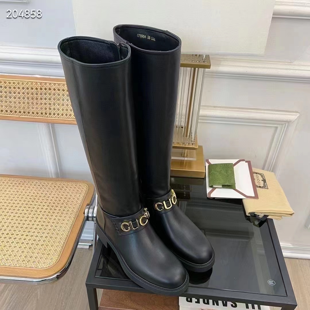 G*u*i women gg G*u*i boot black leather script rubber sole side zip closure flat