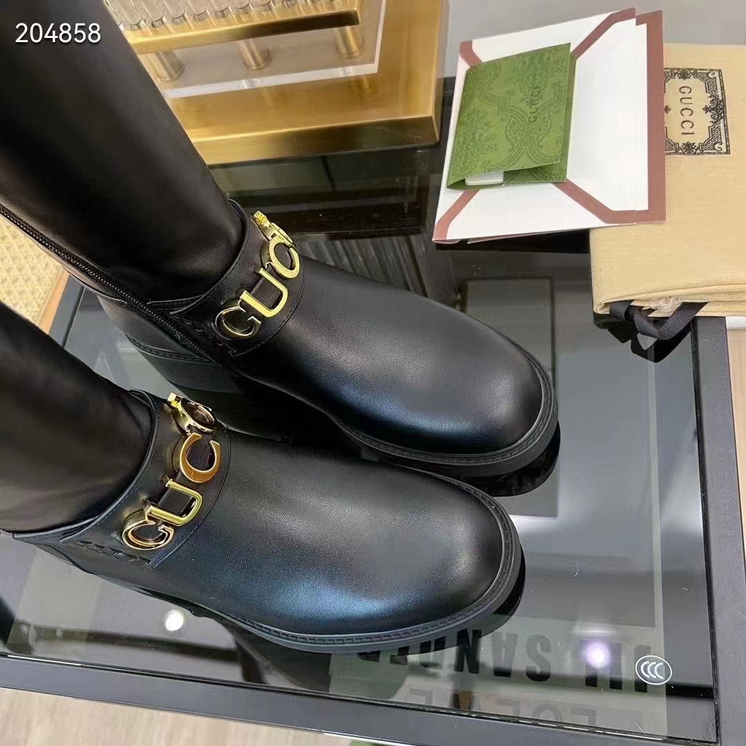 G*u*i women gg G*u*i boot black leather script rubber sole side zip closure flat