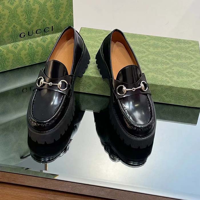 G*u*i women gg loafer horsebit black leather rubber lug sole flat