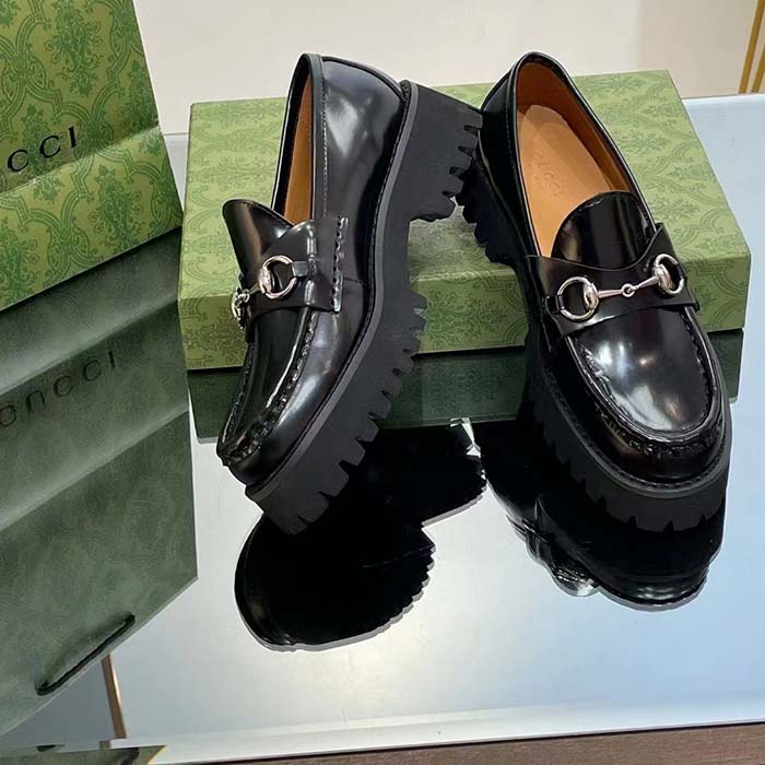 G*u*i women gg loafer horsebit black leather rubber lug sole flat