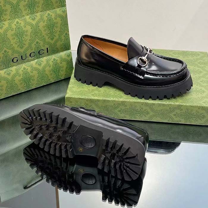 G*u*i women gg loafer horsebit black leather rubber lug sole flat