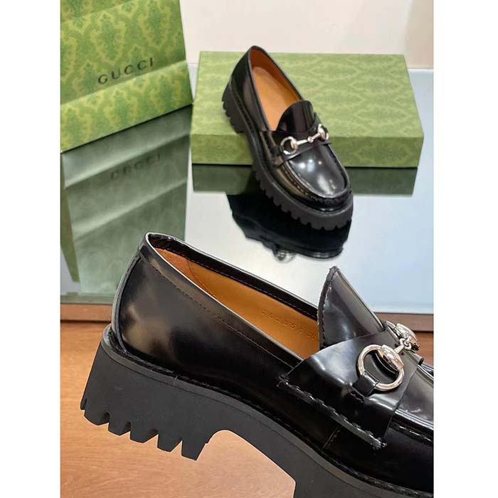 G*u*i women gg loafer horsebit black leather rubber lug sole flat