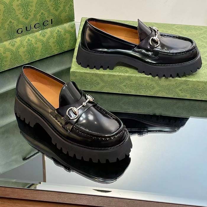 G*u*i women gg loafer horsebit black leather rubber lug sole flat