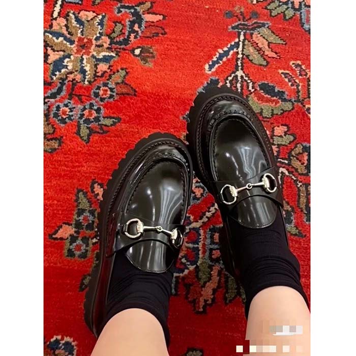 G*u*i women gg loafer horsebit black leather rubber lug sole flat