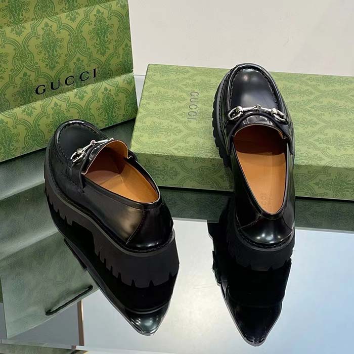 G*u*i women gg loafer horsebit black leather rubber lug sole flat