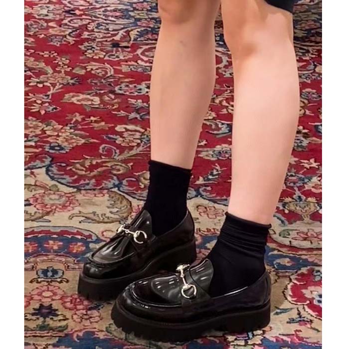 G*u*i women gg loafer horsebit black leather rubber lug sole flat