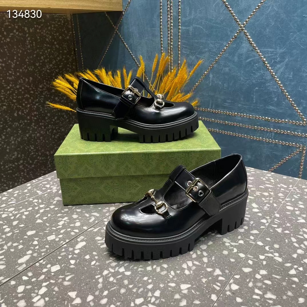 G*u*i women gg loafer horsebit black leather rubber lug sole low-heel ankle buckle