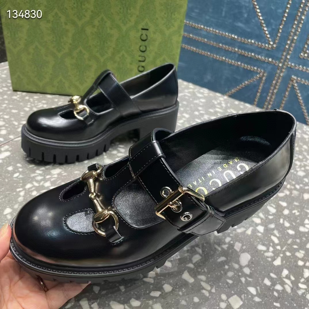 G*u*i women gg loafer horsebit black leather rubber lug sole low-heel ankle buckle