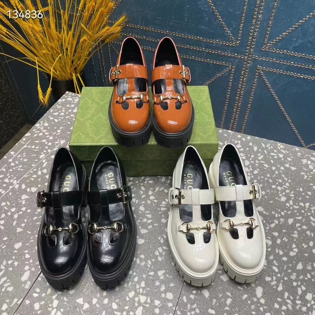 G*u*i women gg loafer horsebit black leather rubber lug sole low-heel ankle buckle