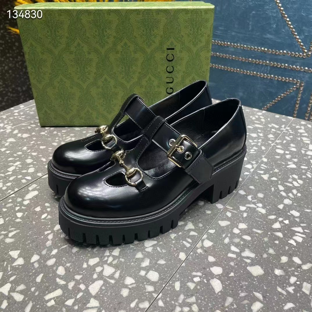 G*u*i women gg loafer horsebit black leather rubber lug sole low-heel ankle buckle