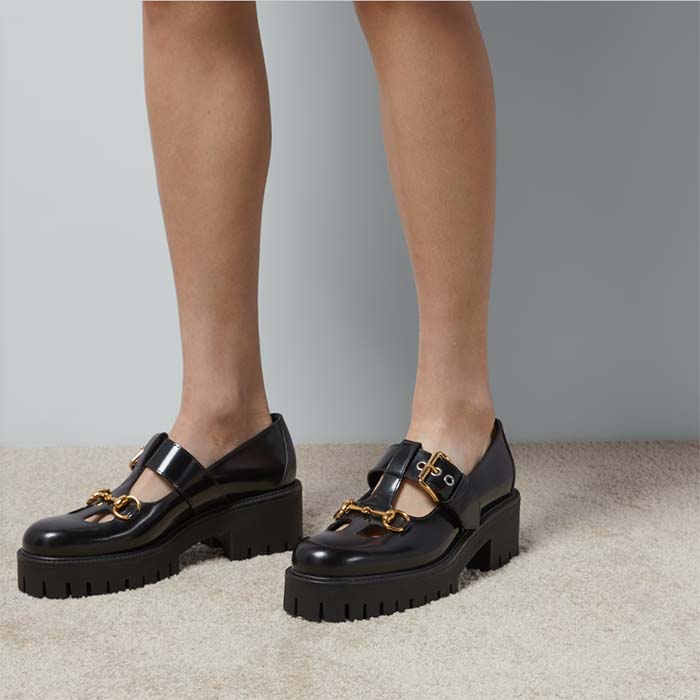 G*u*i women gg loafer horsebit black leather rubber lug sole low-heel ankle buckle