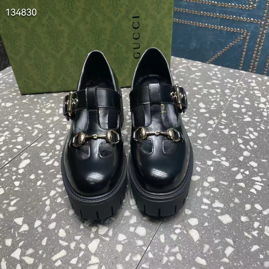 G*u*i women gg loafer horsebit black leather rubber lug sole low-heel ankle buckle