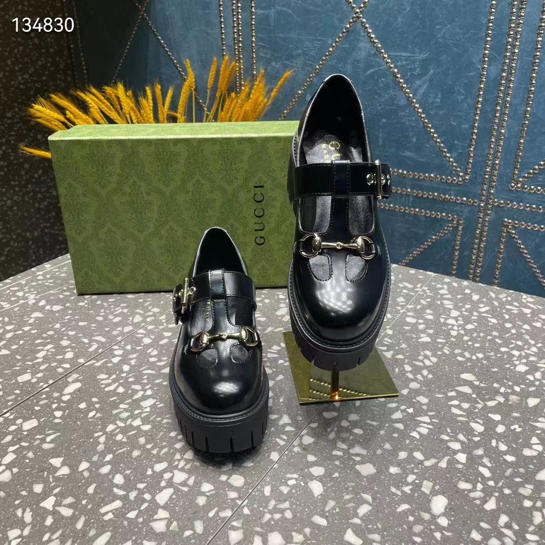 G*u*i women gg loafer horsebit black leather rubber lug sole low-heel ankle buckle