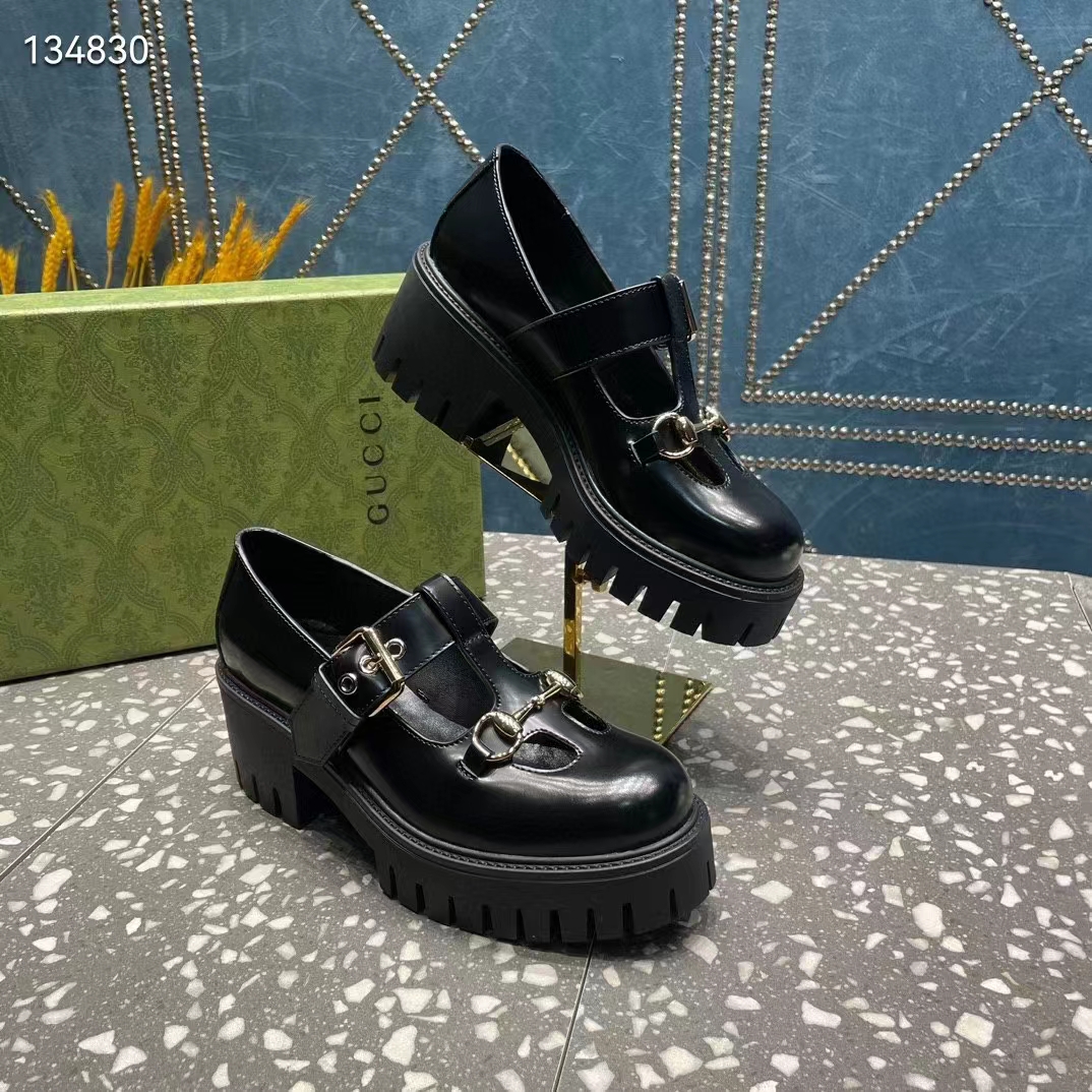G*u*i women gg loafer horsebit black leather rubber lug sole low-heel ankle buckle