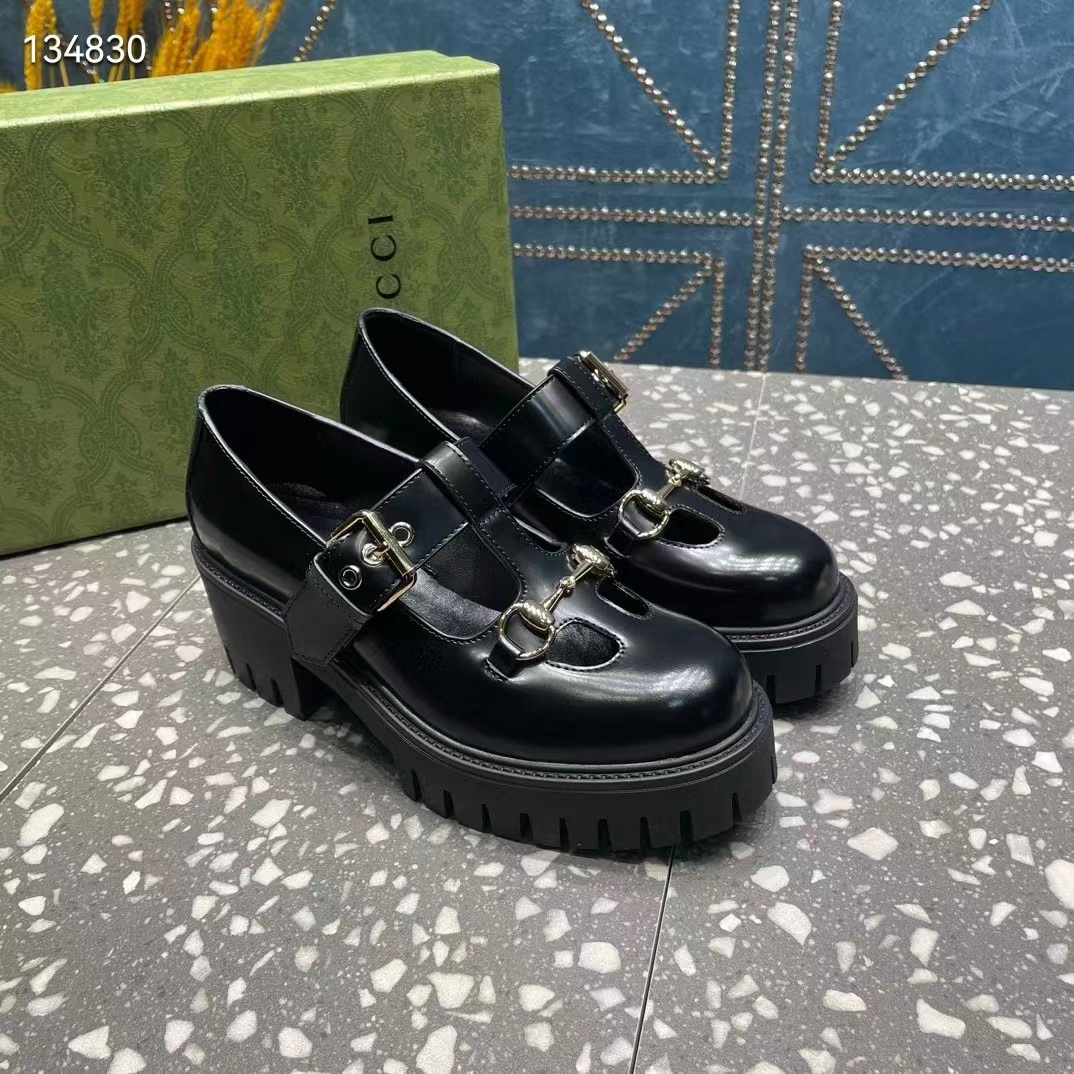 G*u*i women gg loafer horsebit black leather rubber lug sole low-heel ankle buckle