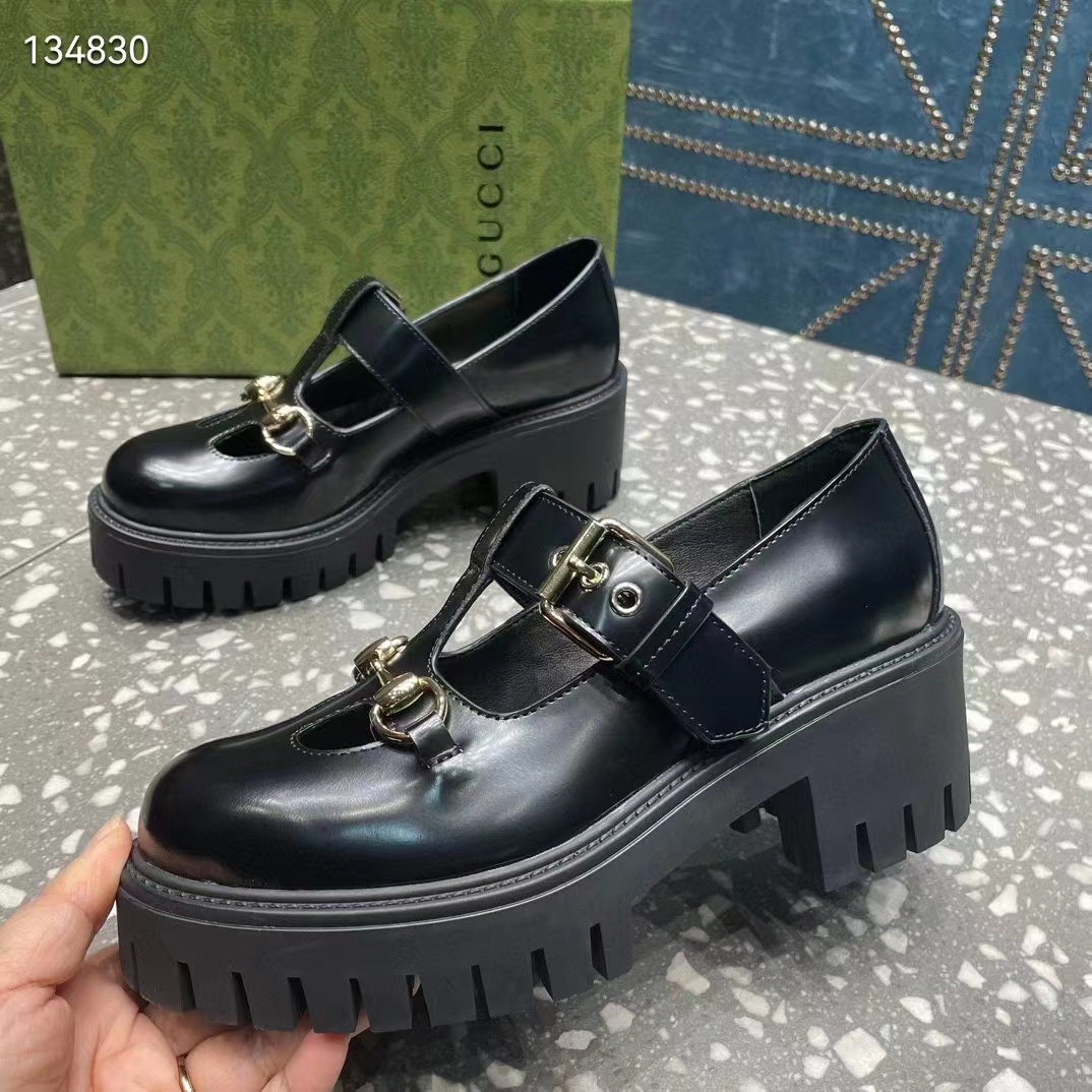 G*u*i women gg loafer horsebit black leather rubber lug sole low-heel ankle buckle