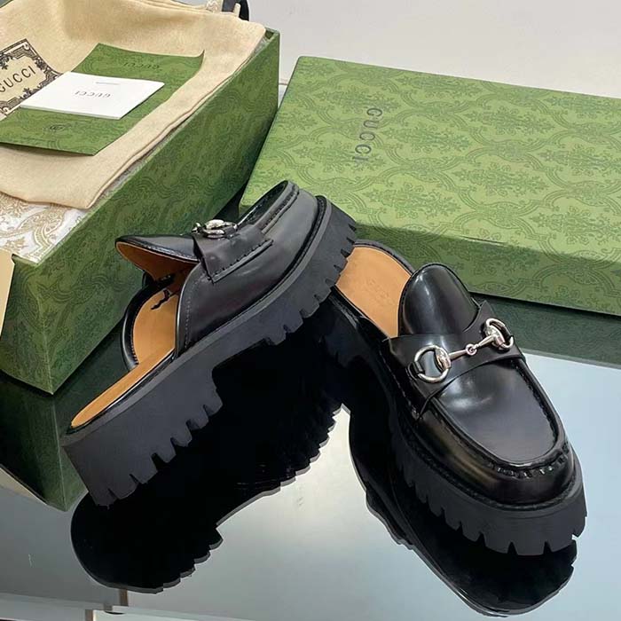 G*u*i women gg mule horsebit black leather rubber lug sole flat