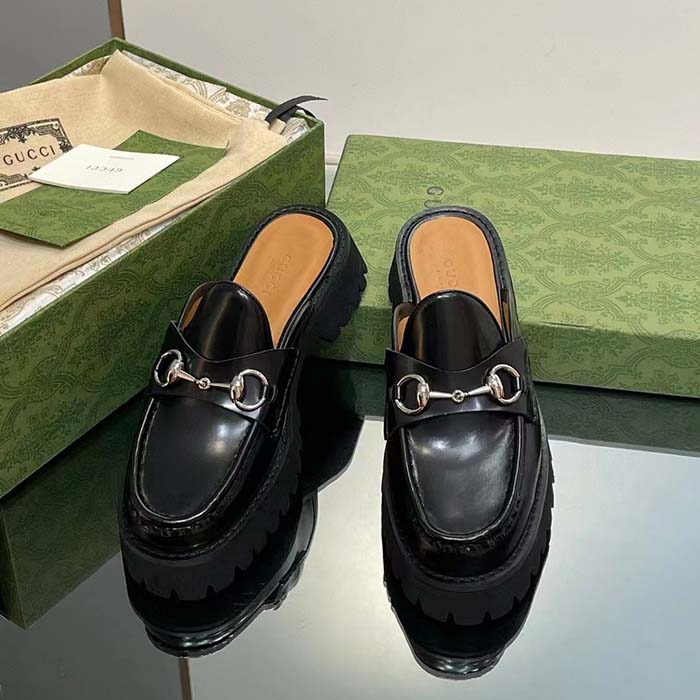 G*u*i women gg mule horsebit black leather rubber lug sole flat
