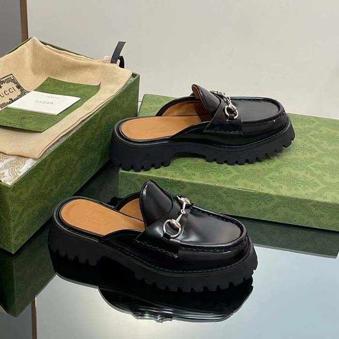 G*u*i women gg mule horsebit black leather rubber lug sole flat