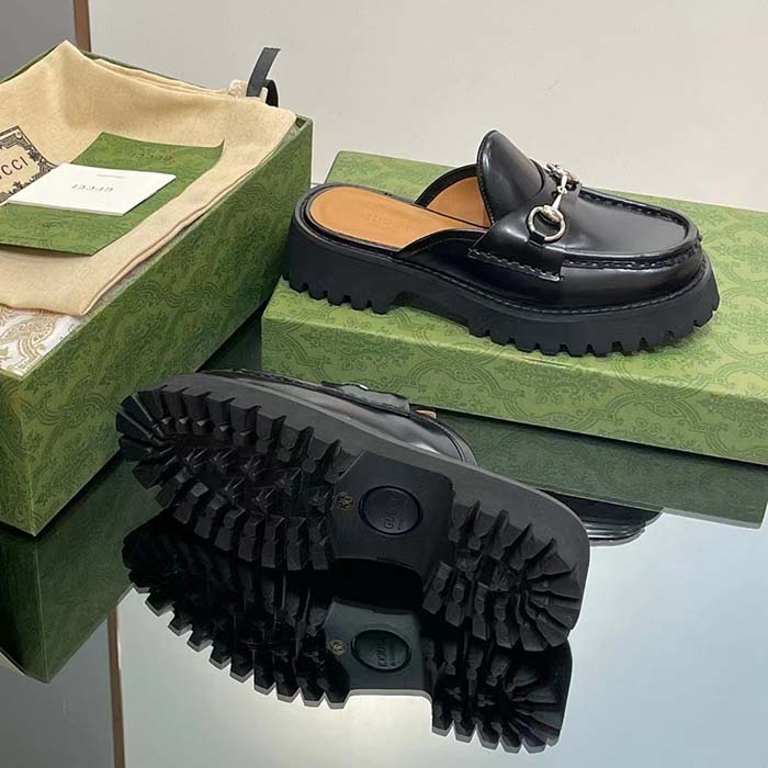 G*u*i women gg mule horsebit black leather rubber lug sole flat