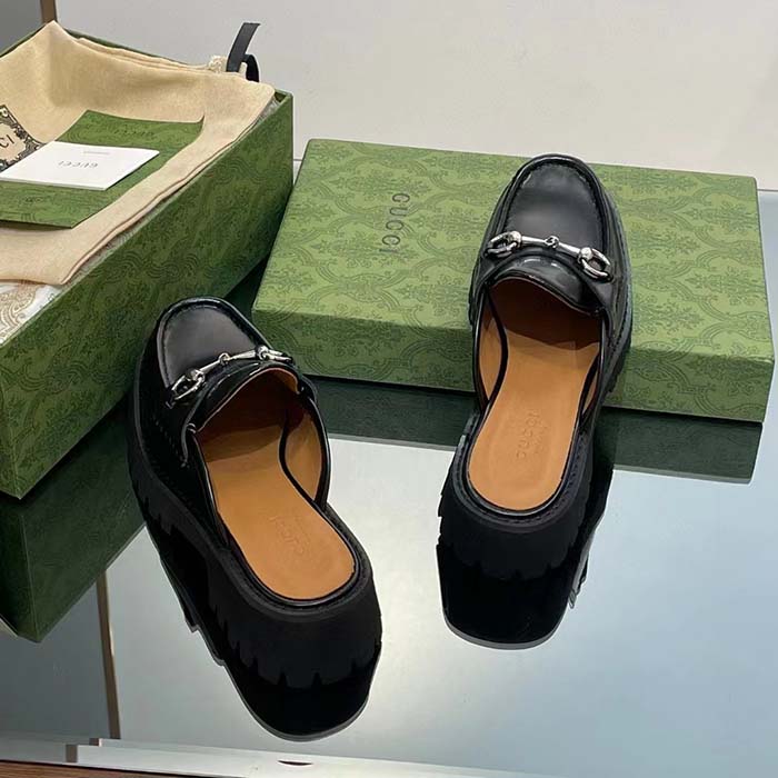 G*u*i women gg mule horsebit black leather rubber lug sole flat
