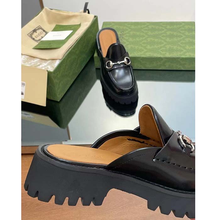 G*u*i women gg mule horsebit black leather rubber lug sole flat