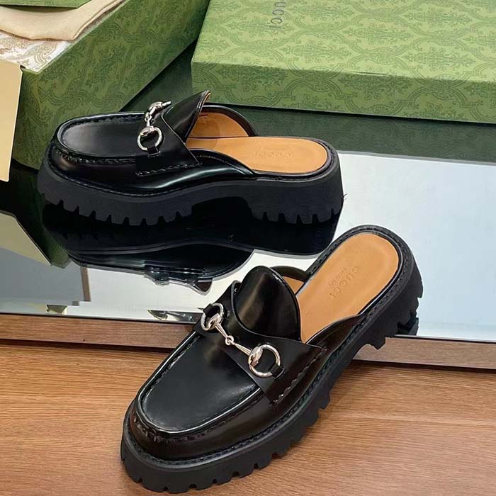 G*u*i women gg mule horsebit black leather rubber lug sole flat