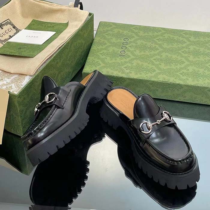 G*u*i women gg mule horsebit black leather rubber lug sole flat