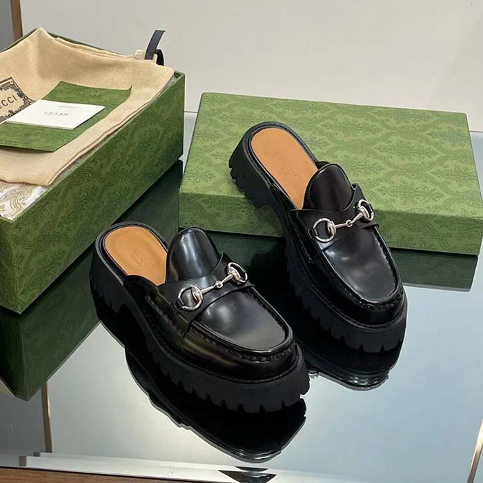 G*u*i women gg mule horsebit black leather rubber lug sole flat