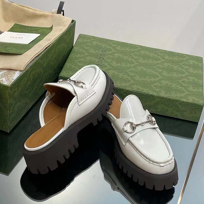 G*u*i women gg mule horsebit white leather rubber lug sole flat
