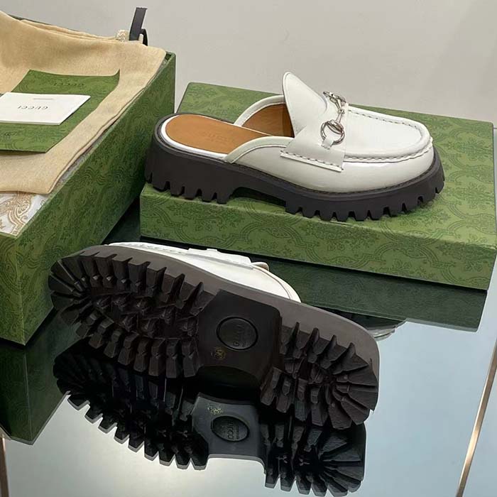 G*u*i women gg mule horsebit white leather rubber lug sole flat