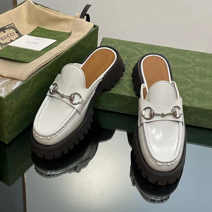 G*u*i women gg mule horsebit white leather rubber lug sole flat
