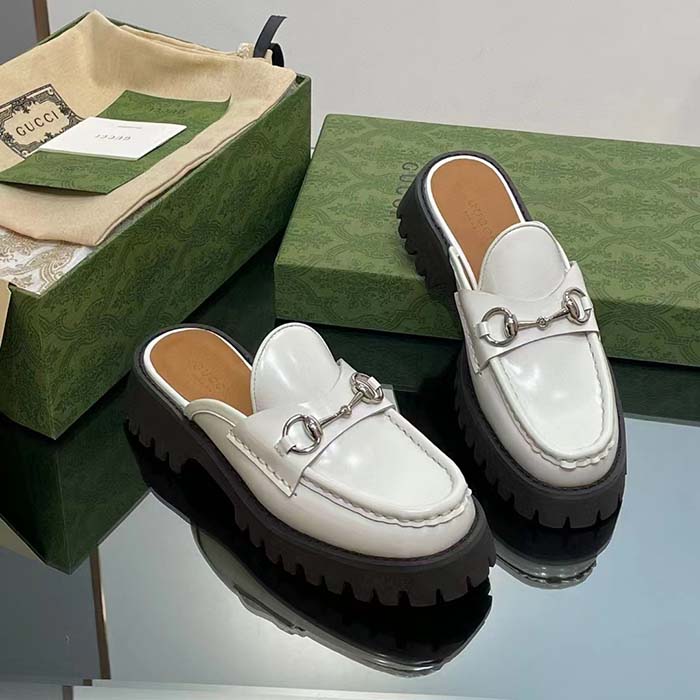G*u*i women gg mule horsebit white leather rubber lug sole flat