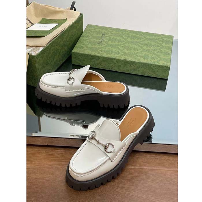 G*u*i women gg mule horsebit white leather rubber lug sole flat