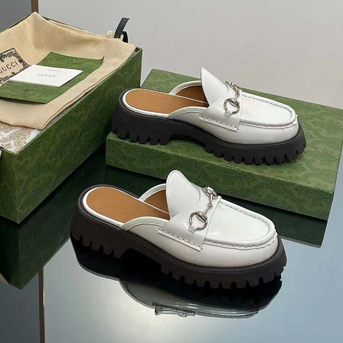G*u*i women gg mule horsebit white leather rubber lug sole flat