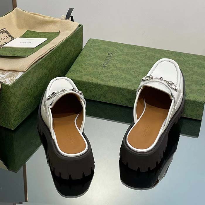 G*u*i women gg mule horsebit white leather rubber lug sole flat